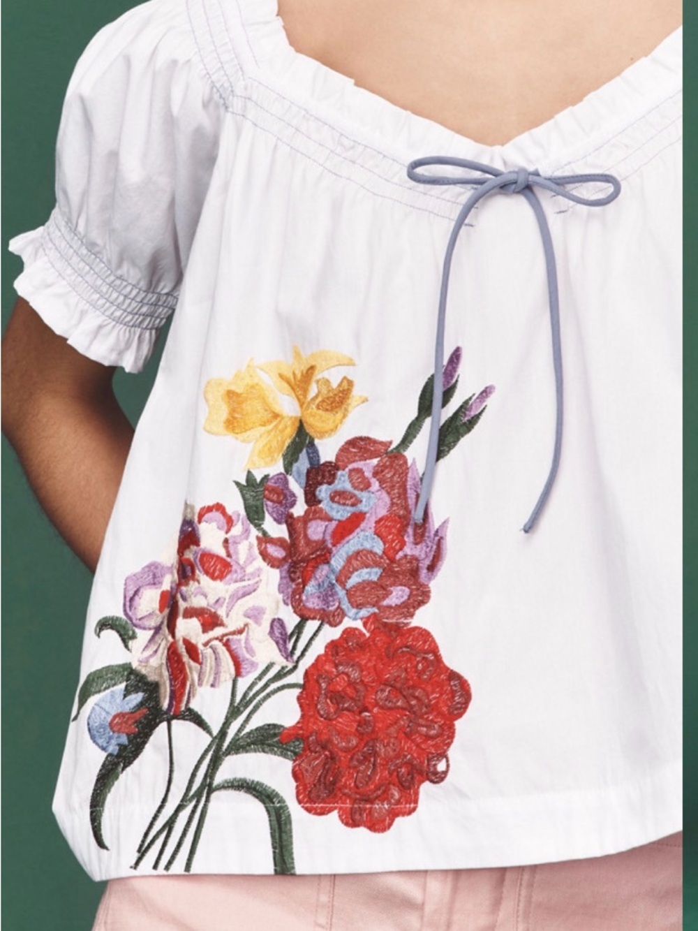 By Anthropologie Puff Sleeve Tie Front Floral Embroidered Blouse Like Nee Large - Picture 2 of 5